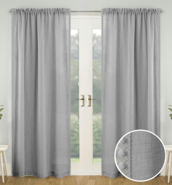 Tyrone Textiles Pom-Pom Trim Linen-Look Voile Panel - Pair