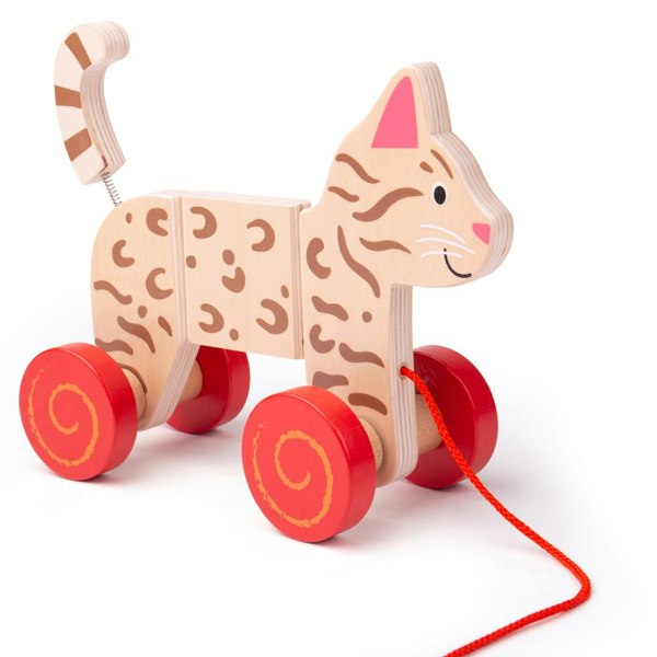 Bigjigs Toys Wooden Pull Along Cat Toy - Features Elastic Joints & Spring Tail