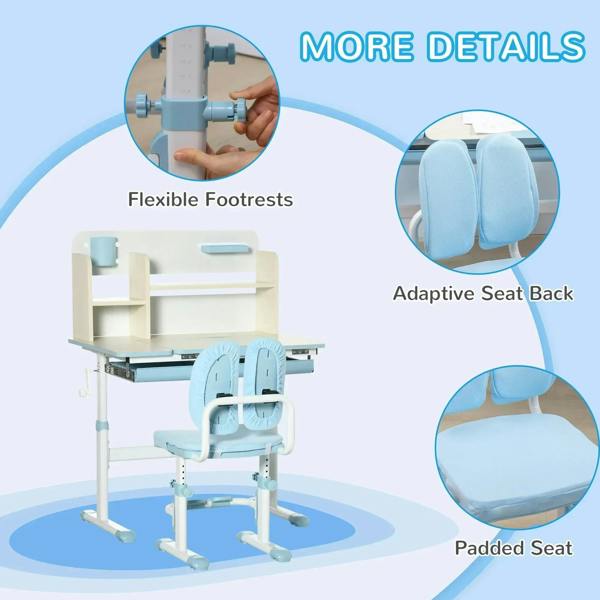Kids chair with padded seat back and flexible footrests paired with blue-topped desk