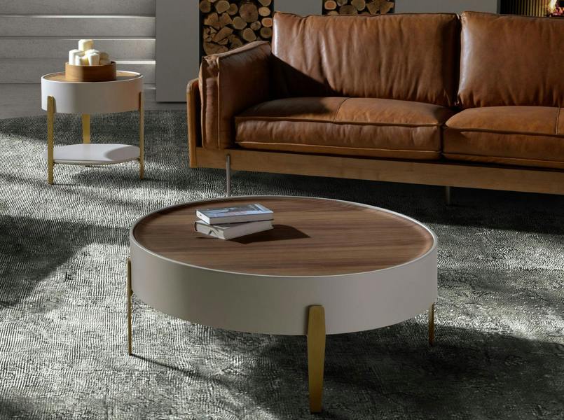 Angel Cerdá Round coffee table walnut, beige wood and polished golden steel 2151