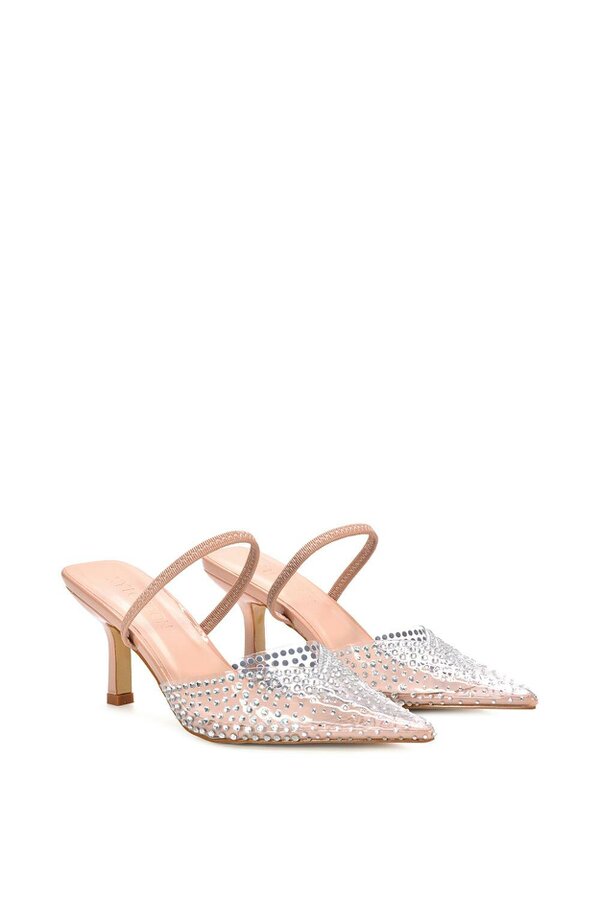 XY LONDON Clear Perspex Diamante Stiletto Heel Slingback Court Shoes