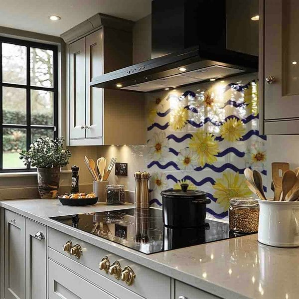 Benjamin Tate Design Bright Yellow Flowers & Zig Zags Splash Back