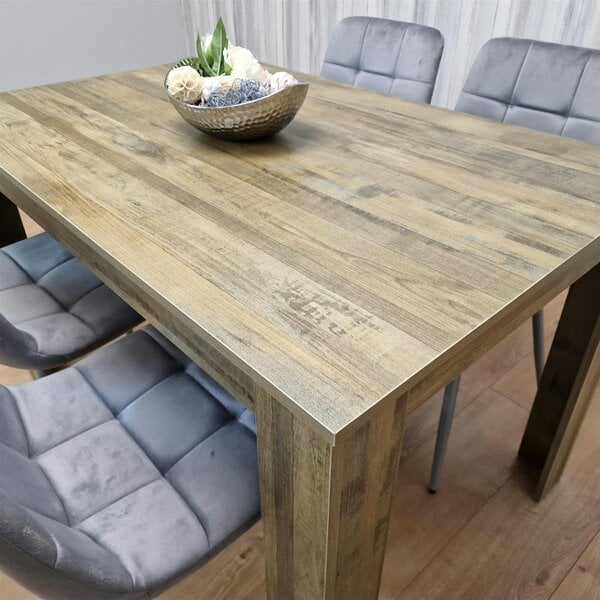 Kosy Koala Dining Table and 4 Chairs Rustic Effect Wood Table 4 Grey Velvet Chairs Dining Room