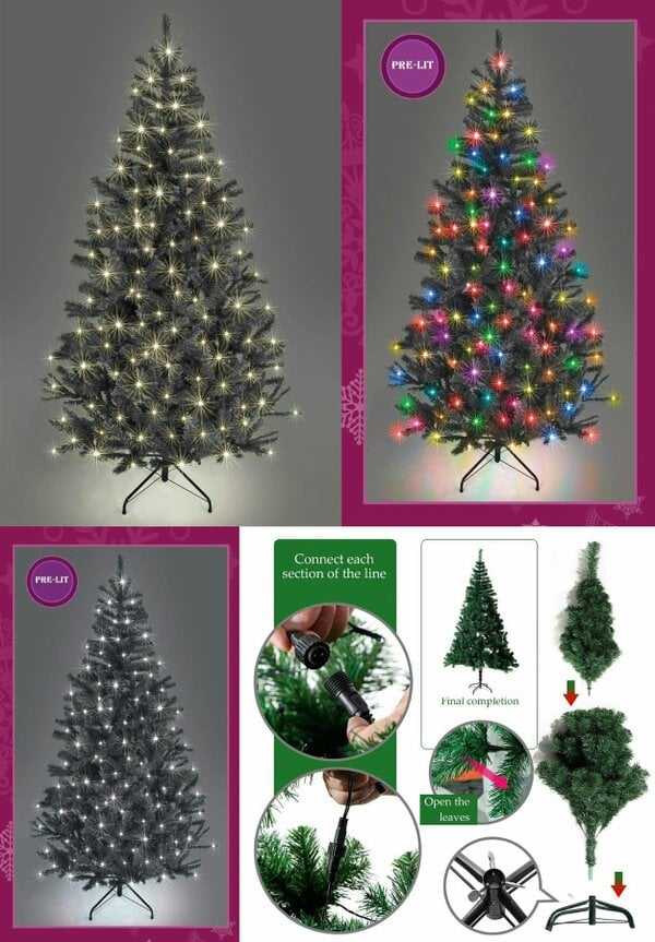 Shatchi 4FT to 8FT Pre-Lit Alaskan Pine Artificial Christmas Trees in Black with Cool White LEDs