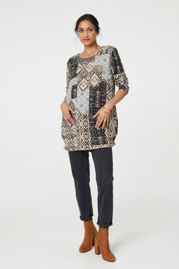 Beige | Patchwork Print Long Sleeve Scoop Neck Tunic

