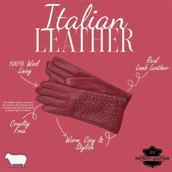 Infinity Leather Womens Italian Leather Winter Studded Design Soft Wool Lining Gloves - L-GLV-601
