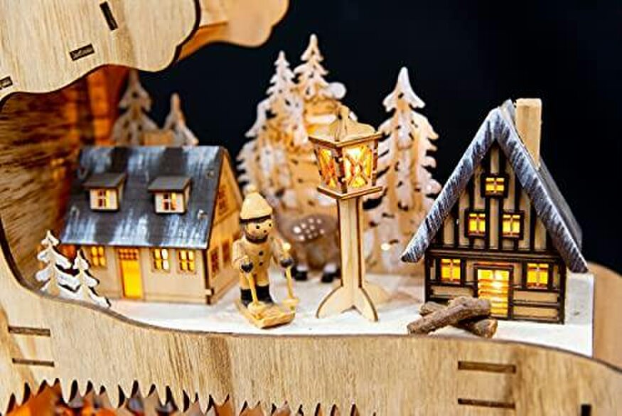Shatchi 69cm Brown Wooden Laser Cut Reindeer Light with Village Scene and Warm White LEDs