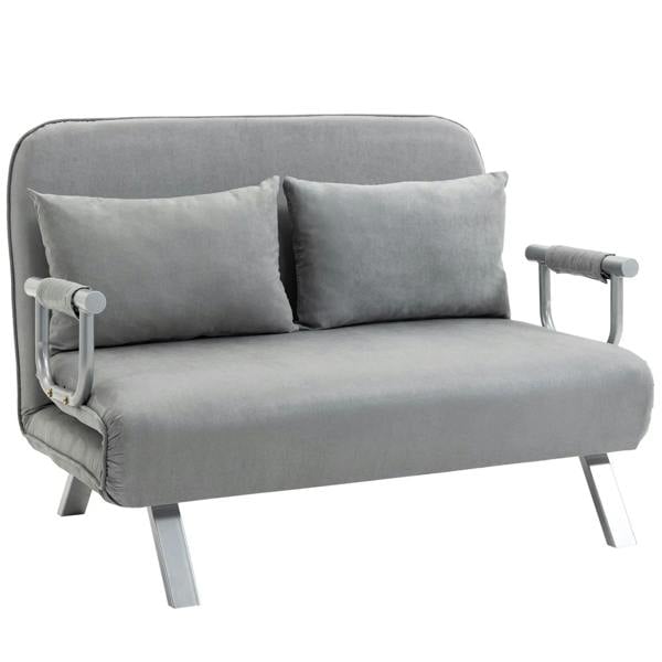 Light grey two-seater click-clack sofa bed with two back cushions and armrests