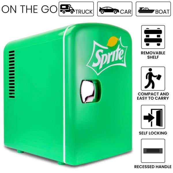 Coca-Cola Sprite 4L Mini Fridge 6 Can Tabletop Cooler & Warmer for Bedroom, Desk or Car (12V, Green)