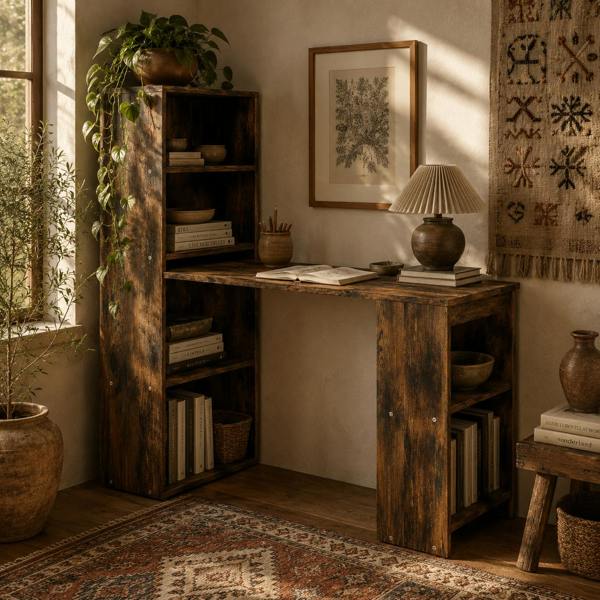 Wyld Haus Nanono 120cm Wooden Rustic Brown 6 Tier Bookshelf Desk For Home Office