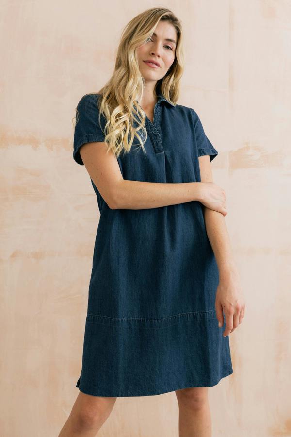 Lily & Me Lavender Short Sleeve Collared V-Neck Denim Dress