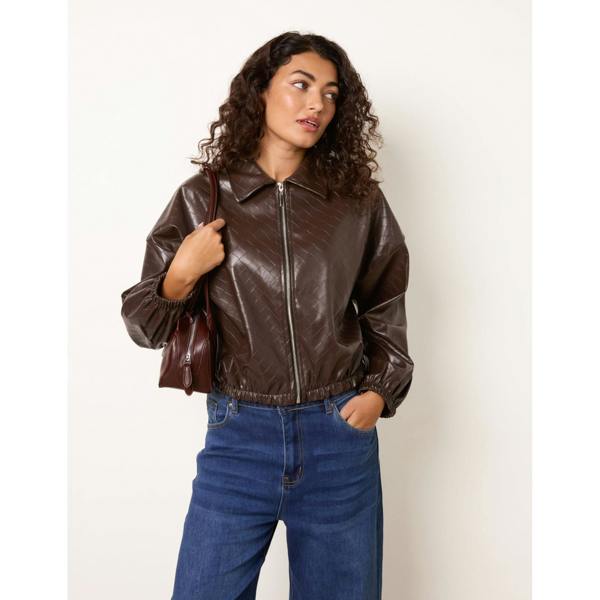 Blue Vanilla Square Collar Zipper PU Leather Bomber Jacket