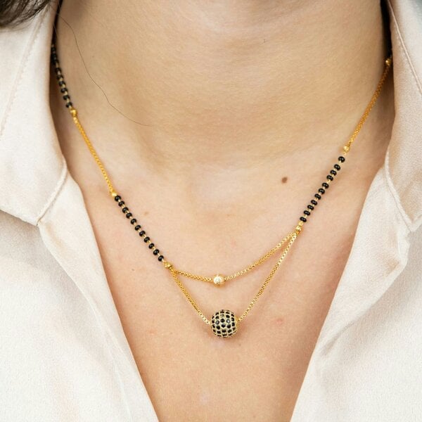 The Colourful Aura Indian Gold Plated Double Layer Black Zircon Ball Mangalsutra Minimalist Nazaria Necklace