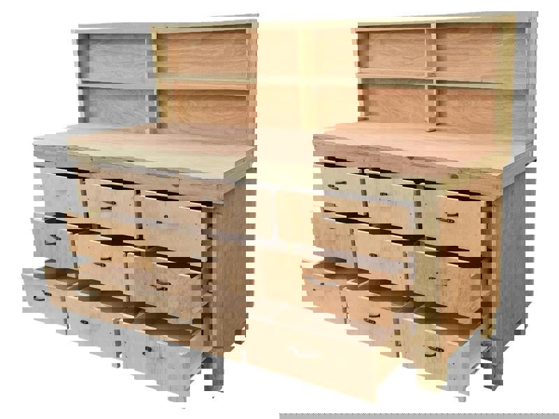 Wooden eucalyptus Top Workbench – Sturdy Tool Cabinet with Multiple Drawers for Organized Storage and Back Panel, Ideal for Dry Indoor Spaces Such as Garages, Workshops, and Studios