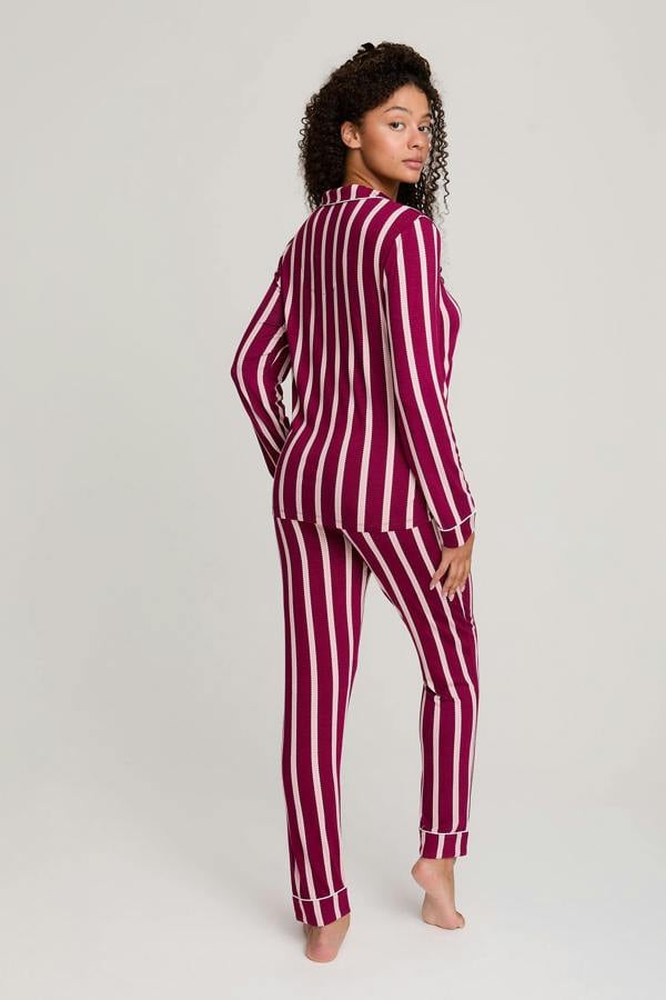 Bamboo Long Pyjama Set in Bordeaux Stripe - Wholesale - Pajamas