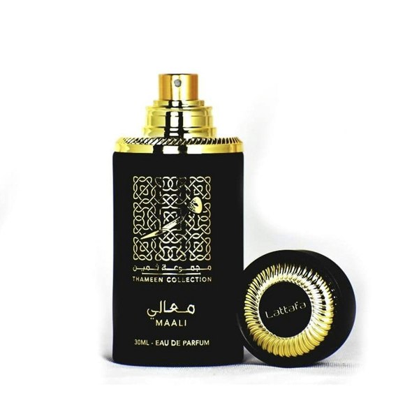 Lattafa Maali Thameen Collection Perfume 30ml EDP Black and gold perfume bottle with intricate design with cap off on a white background