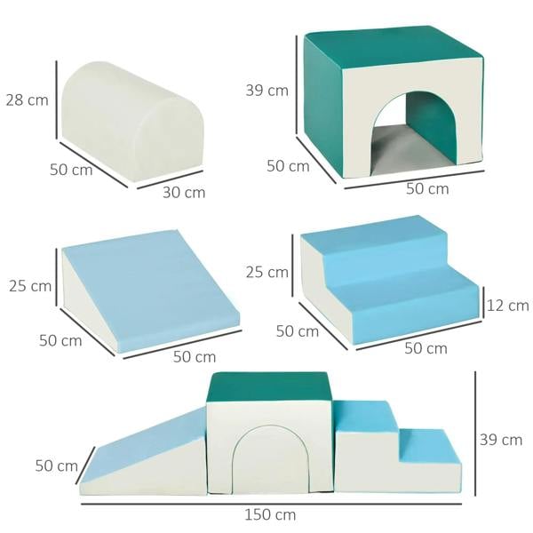 Illustrated 4-piece foam play set with teal, white, and light blue blocks and sizes