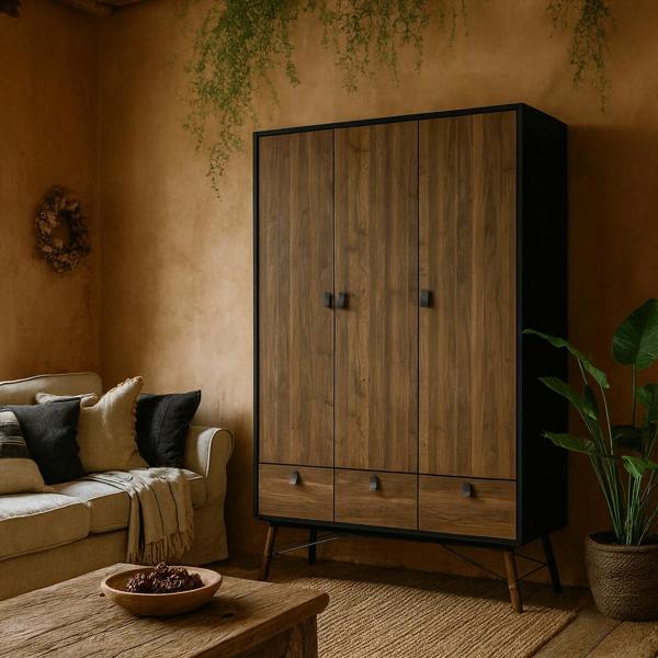 Wyld Haus Juno Black and Walnut Wood Wardrobe 3 Doors 3 Drawers
