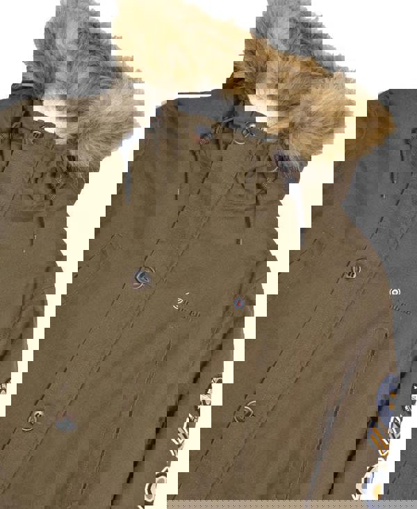 Lambretta Mens/Womens Carnaby Scooter Hooded Classic Mod Ska Badge Parka, close-up of the olive green jacket with faux fur-lined hood and patches on the sleeve.