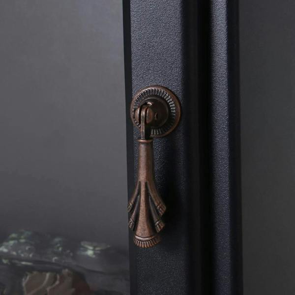 Black electric fireplace side handle detail with textured metal finish