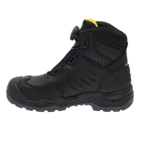Stanley Michigan Mens Fitgo Lacing System Waterproof S7 Safety Boots, black high-top safety boots with durable leather and textile construction, reinforced toe cap, and adjustable locking lacing system for enhanced safety and comfort.