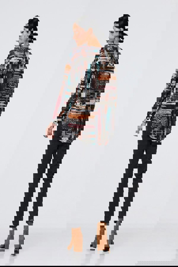 Brown | Brushstroke Print Curved Hem Long Sleeve Top
