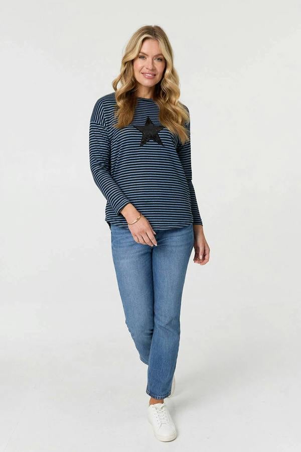 Blue | Striped Sequin Detail Long Sleeve Top
