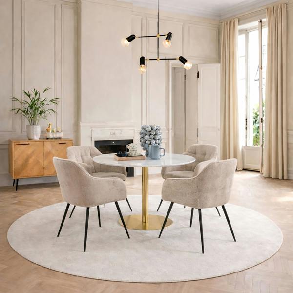 Furniture To Go Corby Round Dining Table with White Polished Marble Top & Gold Base inc 4 Brooke Dining Chairs with Armrests in Monza Beige