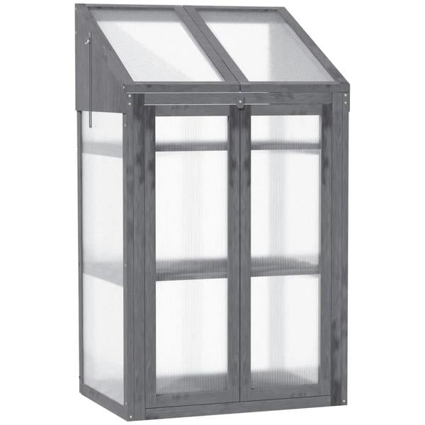 Grey wooden greenhouse with clear twin doors and hinged top cover