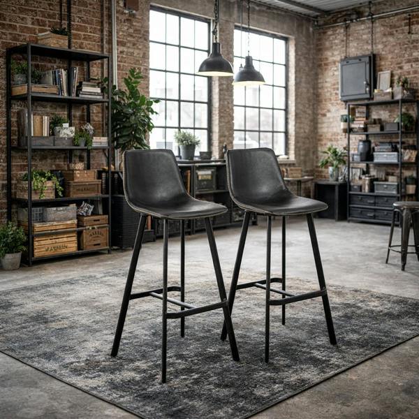 Wyld Haus Set of 2 Bogense Black Faux Leather Bar Stools Cream Stitching