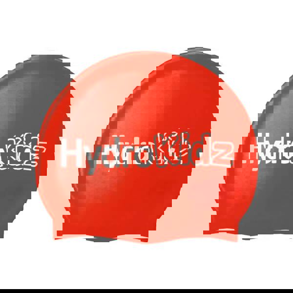 Red HydroKidz silicone swim cap with white logo for kids