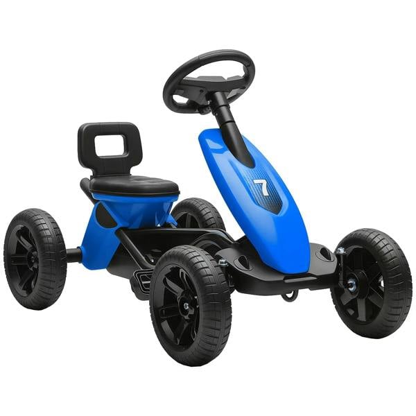 Blue kids pedal go-kart with metal frame, EVA wheels, black seat and steering wheel