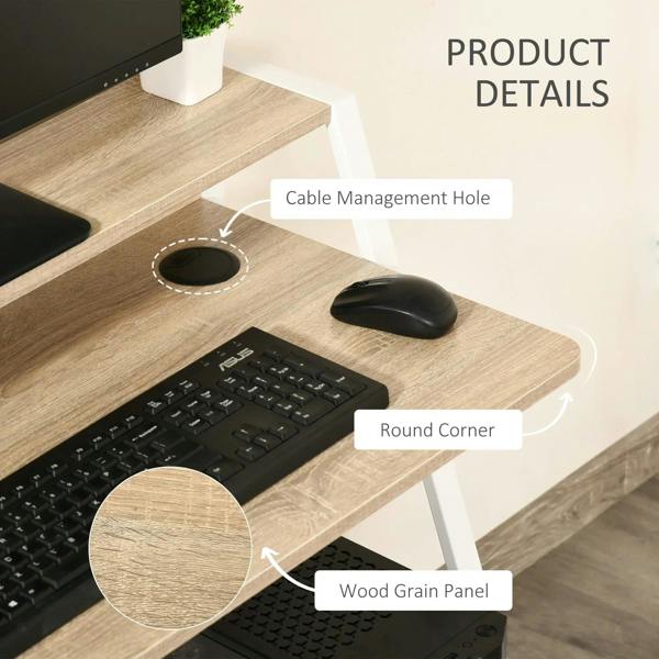 Oak wood-grain tabletop details: round corner edge and cable management hole
