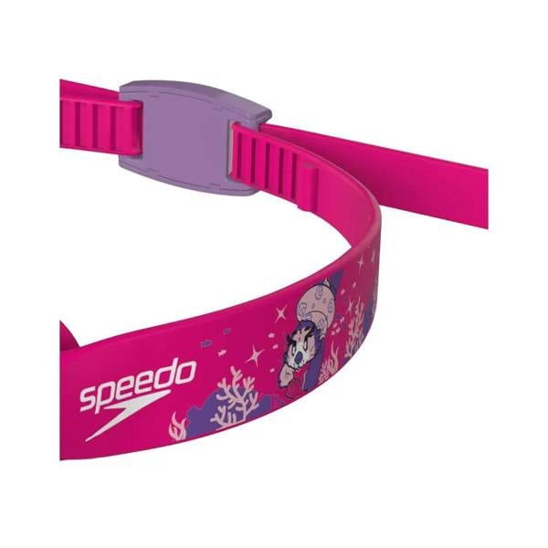 Pink Speedo Illusion kids swim goggle with purple accents and cartoon design