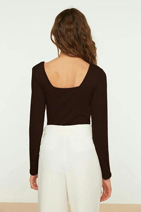 WOVCOR Square Neck Long Sleeve Ribbed Knit Bodysuit