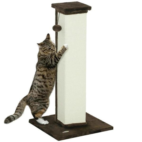 Vertical cat scratcher with brown base, natural sisal rope and hanging ball, for cats