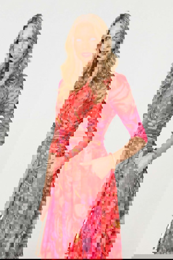 Orange | Floral Mesh Ruched Midi Faux Wrap Dress