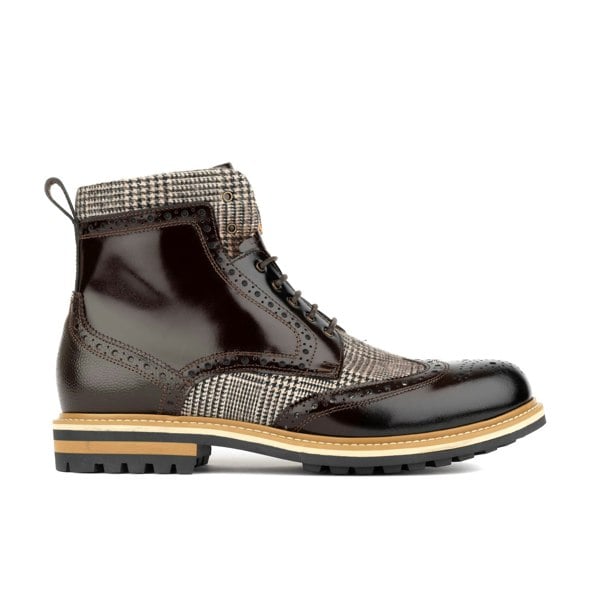 Embassy London Wanderer - Brown Check - Men's leather combat style side zipper boot in brown