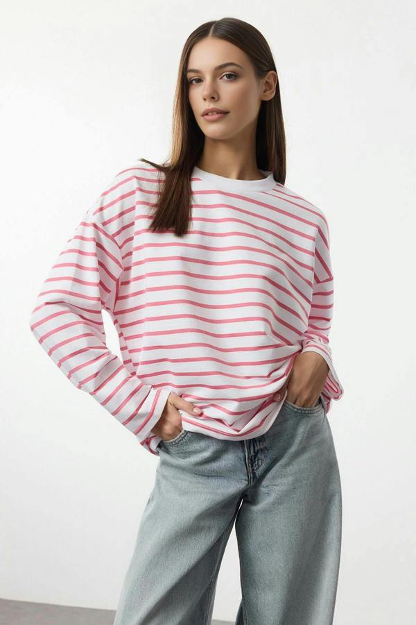 WOVCOR Striped Crew Neck Thin Knit Sweatshirt