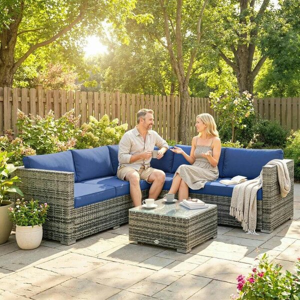 Four-Piece Rattan Sofa Set - Blue - Blue