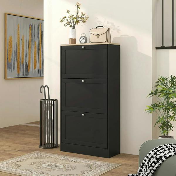 Black compact shoe storage cabinet with three drawers and round metal pull knobs