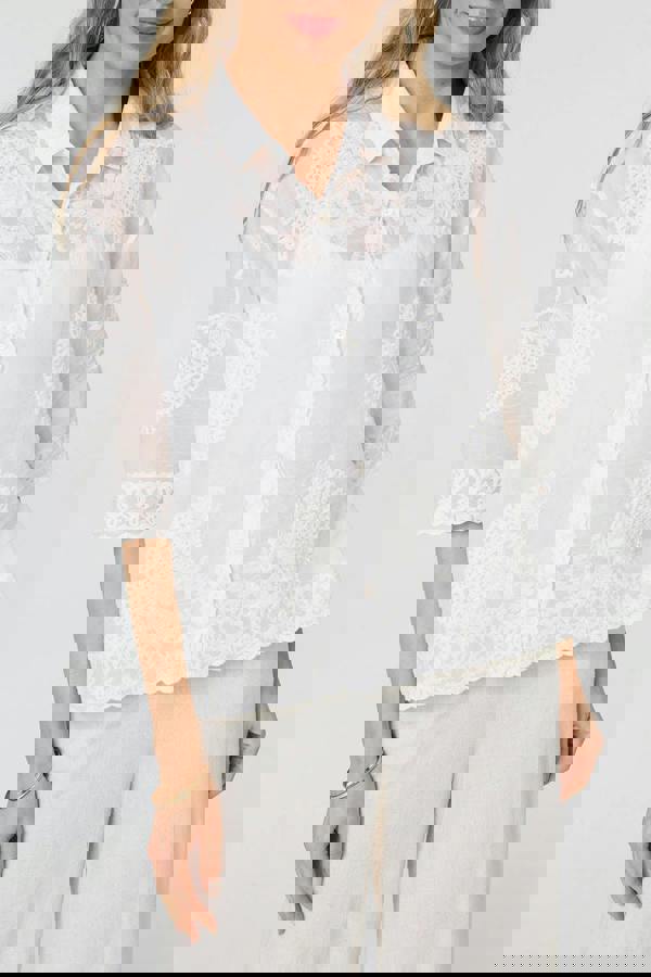 White | Embroidered Trim 3/4 Sleeve Shirt