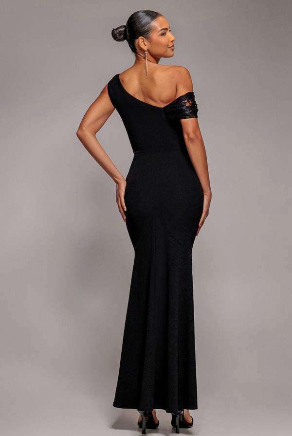 Lace Cowl One Shoulder Scuba Crepe Maxi Dress - Black DR5093