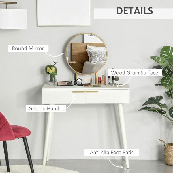 White dressing table with round mirror, gold handle, wood-grain surface and anti-slip pads