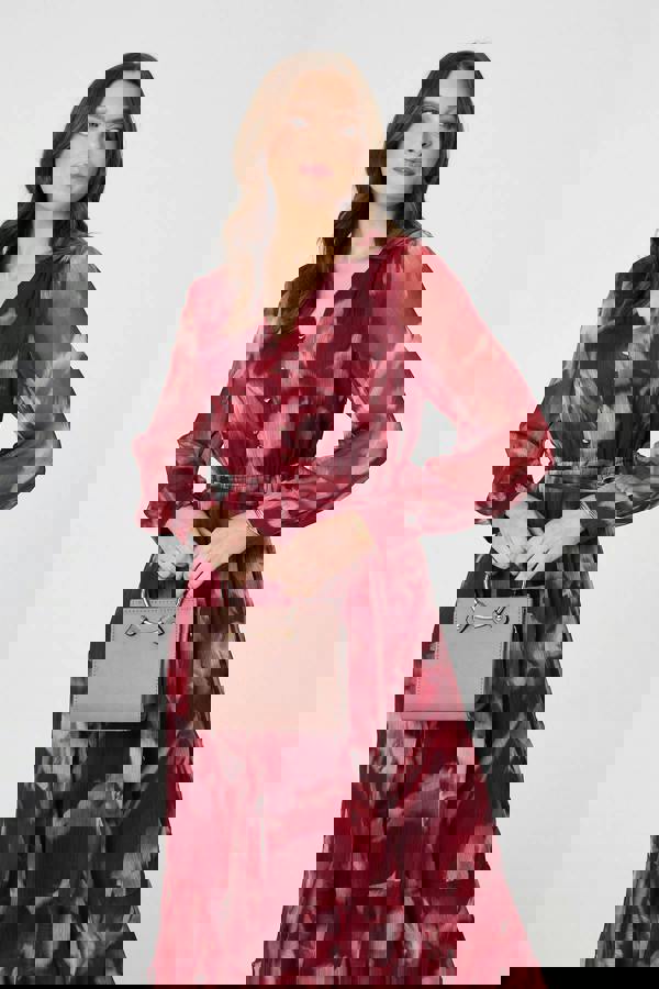 Burgundy | Abstract Floral Semi Sheer Midi Dress