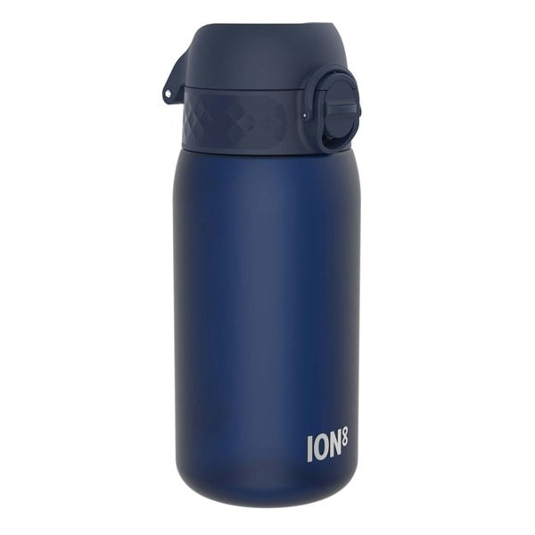 A dark-blue water bottle sits against a white background. The bottle has a dark-blue, hinged cap with a textured band and a flip-top mechanism. The brand "ION8" is visible near the base.