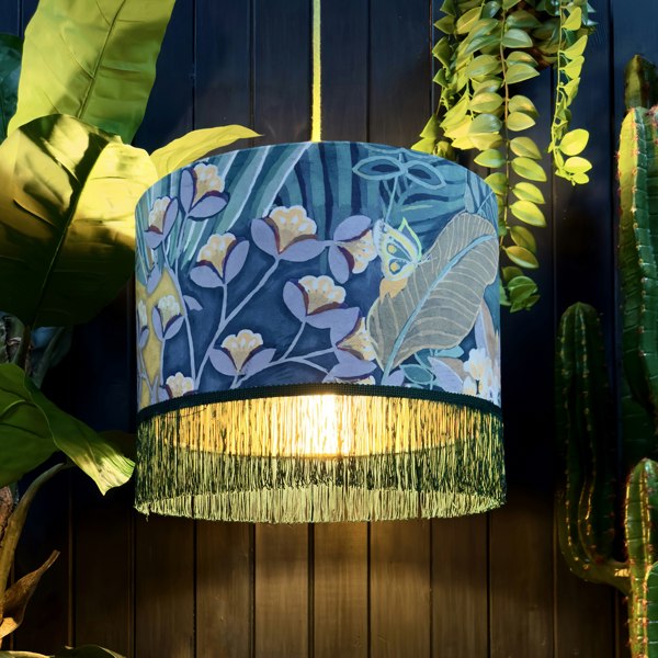 love frankie hawk moth velvet lampshade with gold lining and fringing