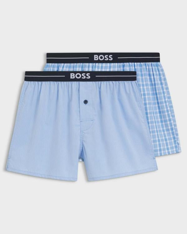 BOSS Orange Boxer 2 - Pack Mens Cotton Pyjama Shorts with Logo Waistbands - Open Blue 471 | CHO | Designer Mens Shorts