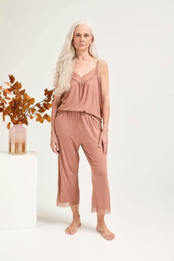 Bamboo Lace Cami Cropped Trouser Pyjama Set in Mocha - Pajamas