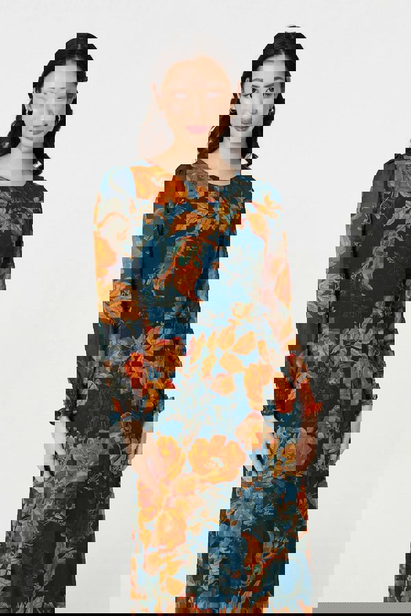 Orange | Floral Semi Sheer Tie Waist Maxi Dress

